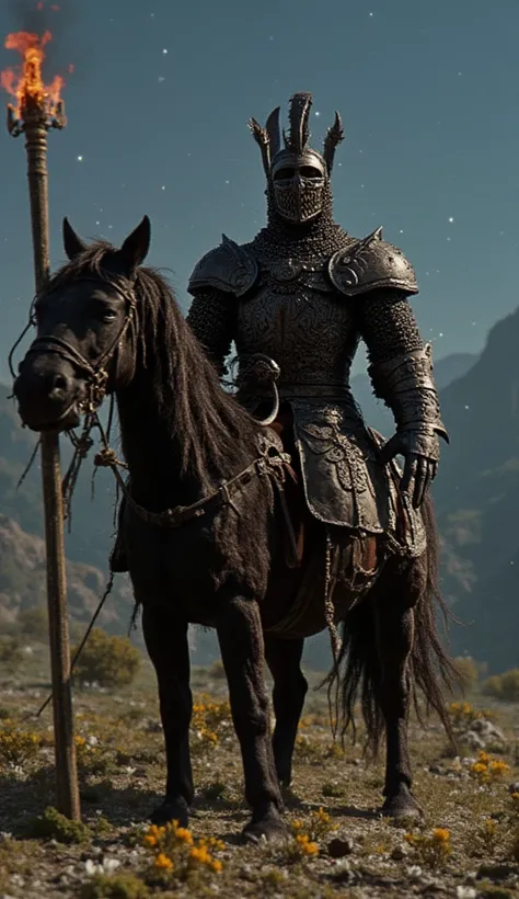 iron-armored horseman with a blazing black and red sword,  riding a black horse , in a flowery field with mountains behind and a dark sky, but with shining stars 
in dark fantasy style and with high resolution