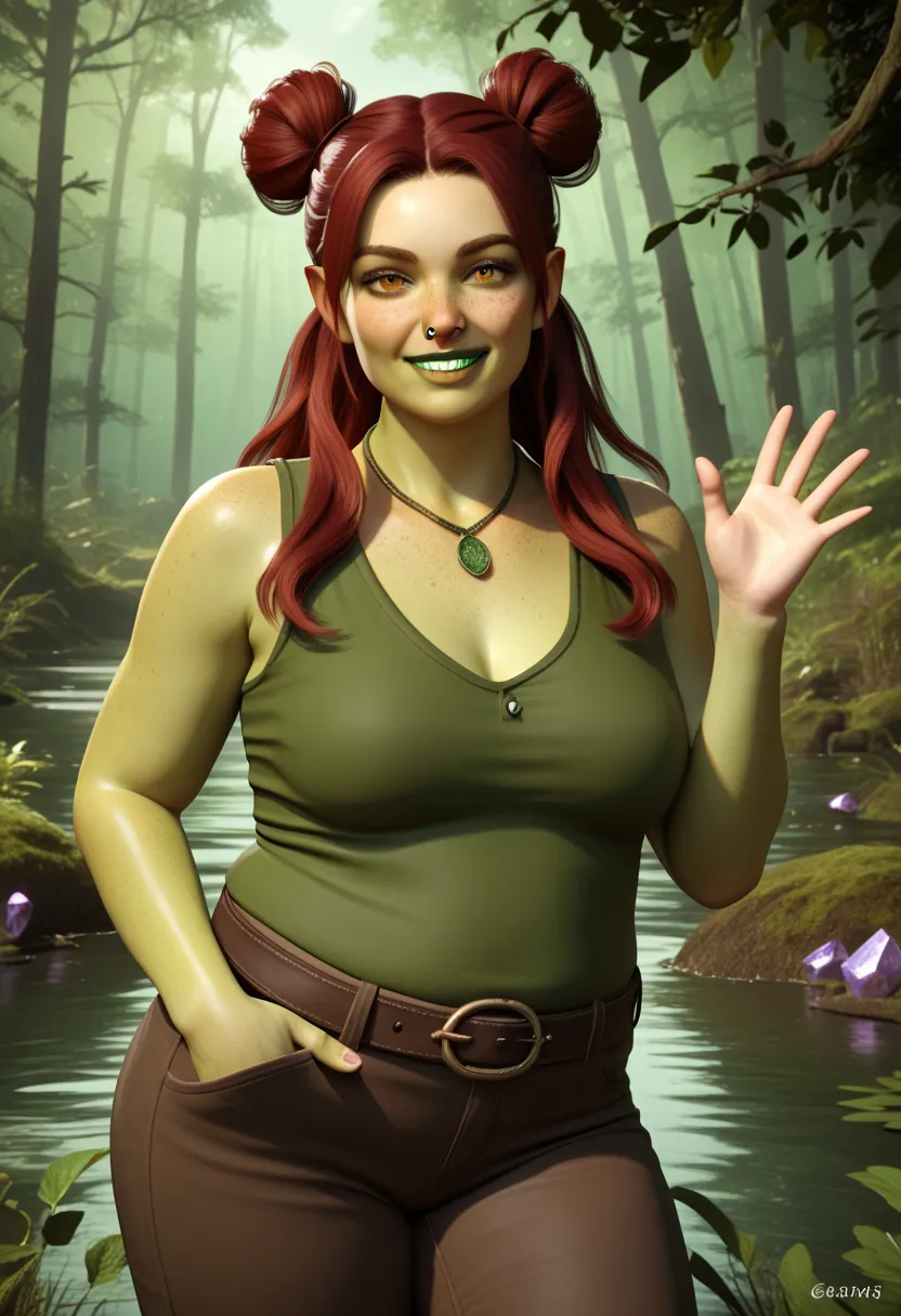 felicia_shrk5, 1girl, female ogre, green skin, red hair (long hair, single hair bun), shrek ears, amber eyes, nose piercing, freckles, green lipstick, buckteeth, purple crystal necklace, dark green sleeveless top (moss), pocket belt, short brown pants, chu...