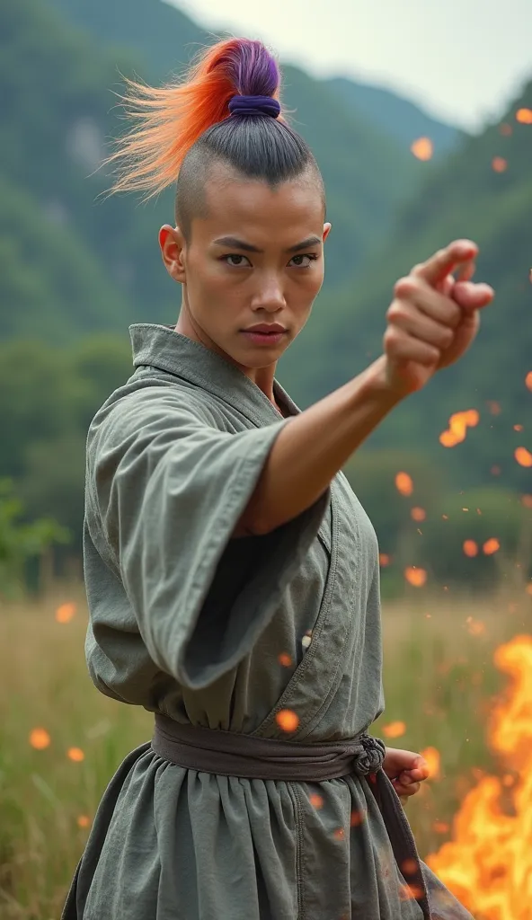 A fierce woman with a vibrant, multi-colored mohawk stands in an open natural landscape with lush green mountains behind her. She wears a loose, traditional gray outfit resembling a Shaolin monk’s robe, with fabric folds and stitching visible. Her stance i...