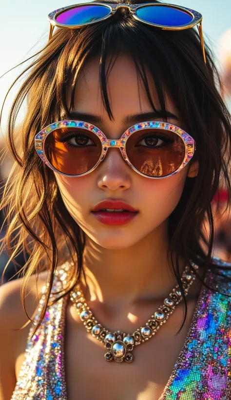 8K, Masterpiece, highest quality,  futuristic face , holographic sunglasses, iridescent earrings, shiny sequin attire, neon colors,   vibrant reflections  , carnival scene with sunglasses, wavy hair,  bright lips , haute couture makeup, colorful geometric ...