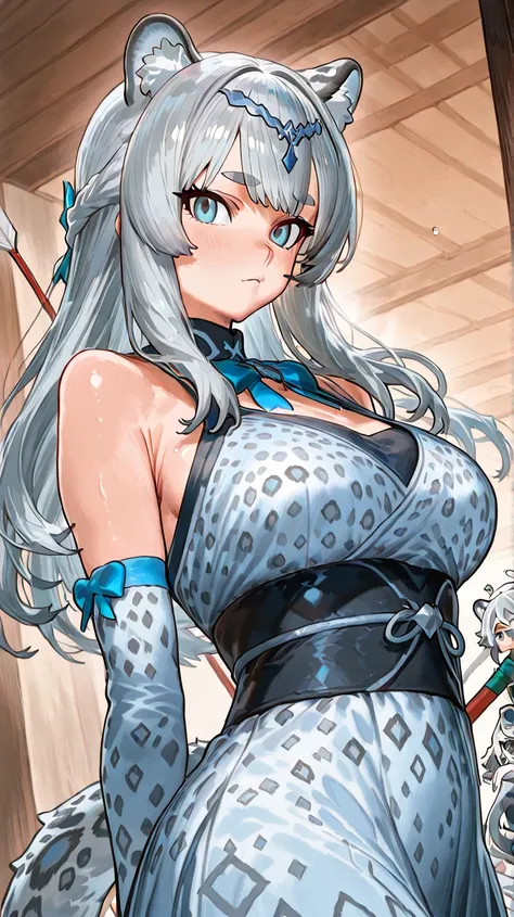  Japanese girls showing off their beautiful and delicate 、Snow leopard fur、One person、 girls on the left、 Silver Hair、hair ornaments close to the garden、long hair、half up、Fluffy Inside Ears、snow leopard ears、Snow leopard tail、Turquoise Eyes、armsを持っている, bow...