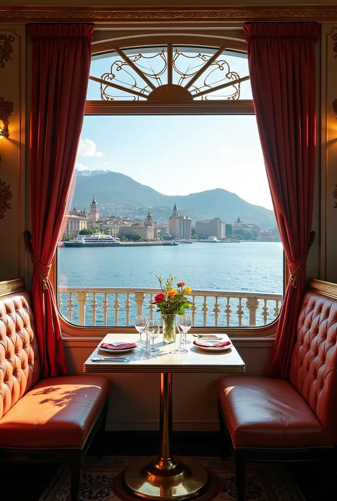 tables and chairs are set up in a restaurant with a view of the city, a portrait by Tom Wänerstrand, instagram, art nouveau, confortable atmosphere, inside the train, un restaurant avec une terrasse, inside a grand, expensive restaurant, on ocean, looking ...