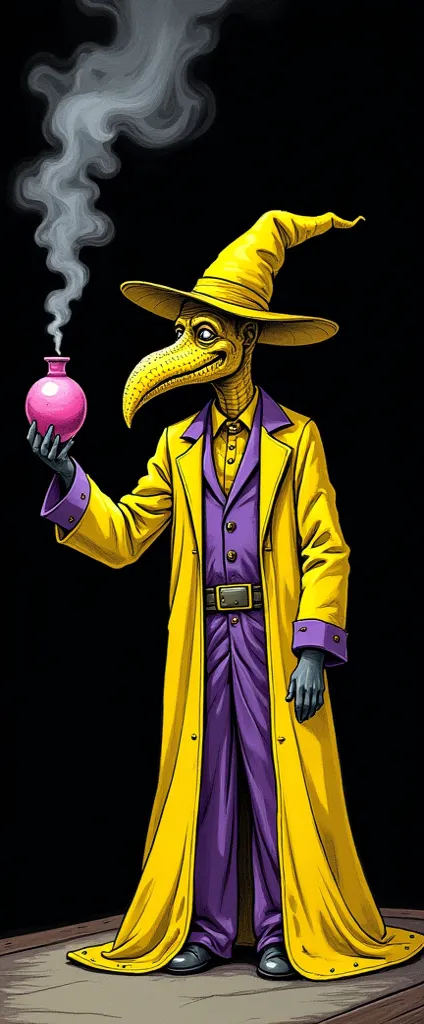 Black background with doctor wearing a plague mask designed in a non-realistic style in yellow with purple details. The doctor holds a potion that emits smoke that spreads laterally across the stage. The drawing must be yellow, purple and black with black ...