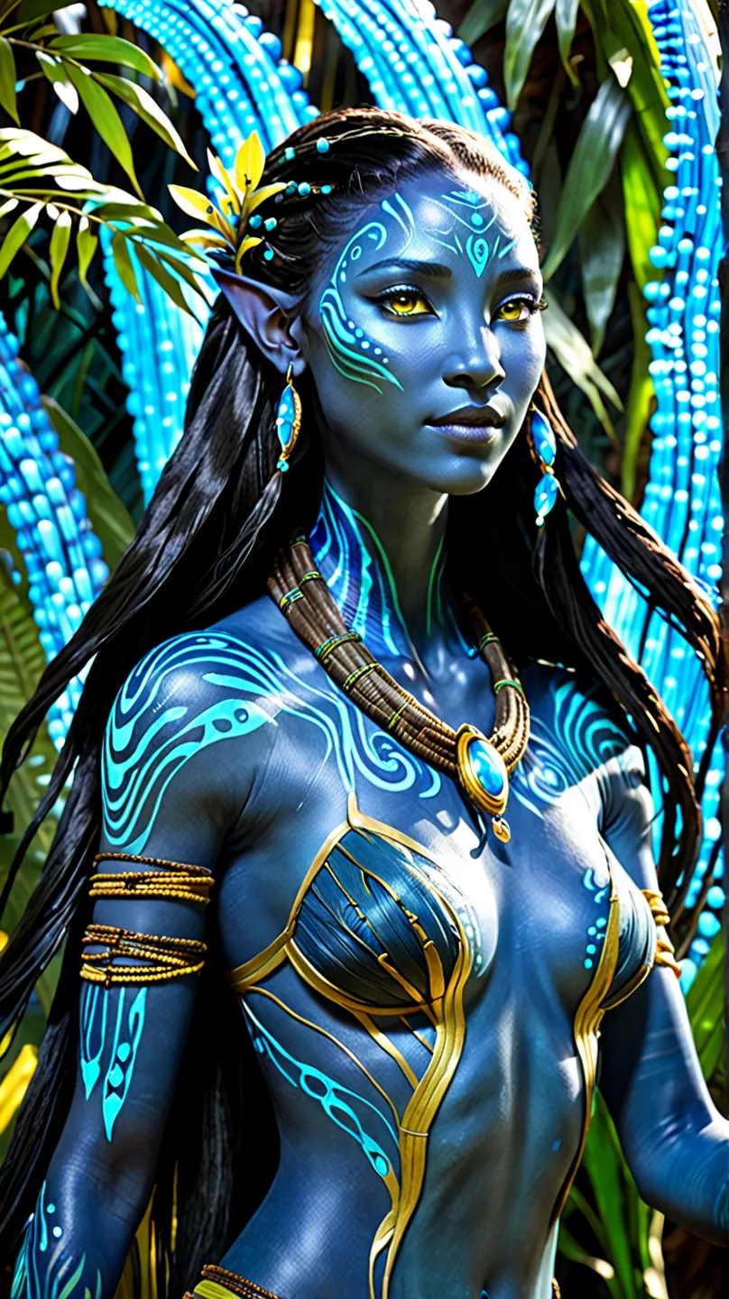 A detailed conceptual art of a new female Na'vi character from the world of Avatar, shelter awakening in her new body for the first time. She looks at your hands with admiration, her glowing bioluminescent patterns softly illuminating her blue skin. His lo...