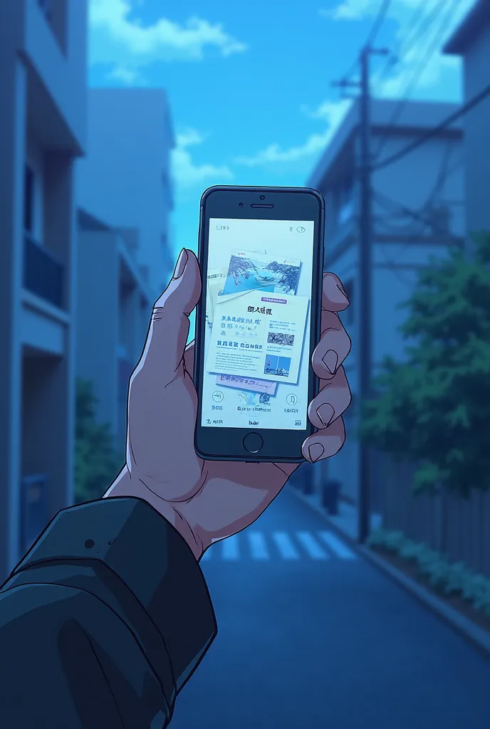 Hand in front holding a cell phone while showing very close to the camera the publication of the one that appears on the cell phone, Anime Style, blue color palette,  in the background a city
