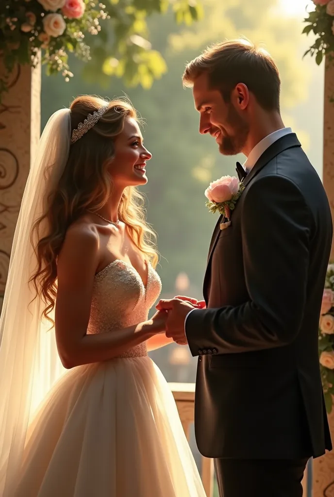 A woman with curly wavy hair and a 30-year-old man getting married 