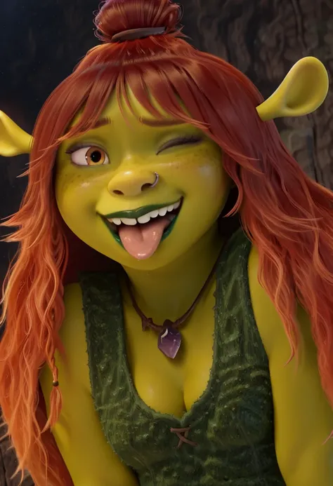 masterpiece, best quality, amazing quality, felicia_shrk5, 1girl, female ogre, green skin, red hair (long hair, single hair bun), shrek ears, amber eyes, nose piercing, freckles, green lipstick, buckteeth, purple crystal necklace, dark green sleeveless top...