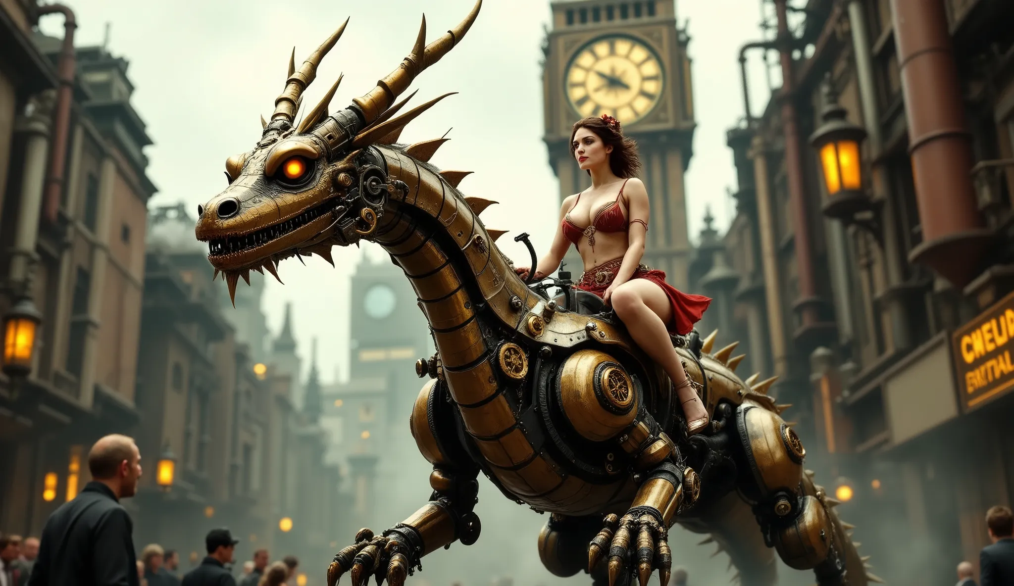 ultra-realistic, photographic, full-body. A steampunk-style image of a cute 20s woman riding a massive bronze and brass mechanical dragon through a steam-filled industrial city. The woman's mini skirt has a vintage steampunk design, and the dragon's scales...