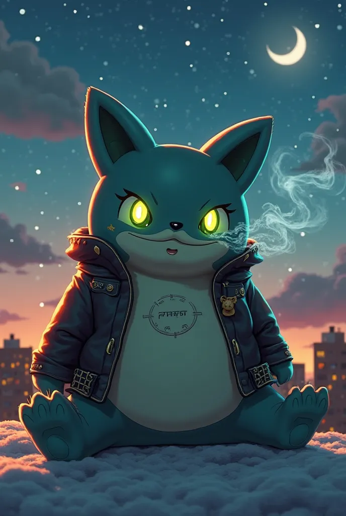 The pokemon Snorlax With glowing Green eyes, wearing an leather jacket with the name FAFA printed on the leather jacket, In michigan ohio, Smoking a joint, sitting on an Daimond golden bed on the roof, with an beautiful night sky, Anime, 3D, Pokemon, Snorl...