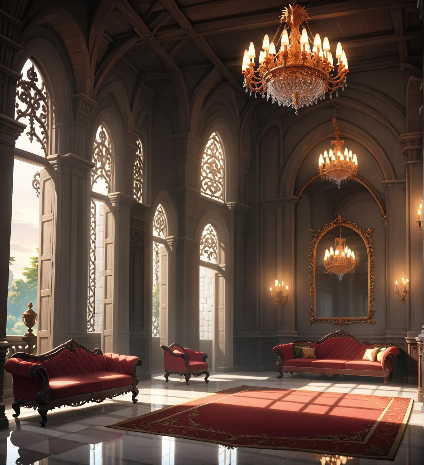 （ image quality : Highest quality、(3d anime render:1.3), (anime shading:1.5), (realistic lighting:1.2), (high quality interior:1.3), (detailed environment:1.3) ）

（work: medieval aristocrat mansion interior）

（background: format medieval noble mansion, lux...