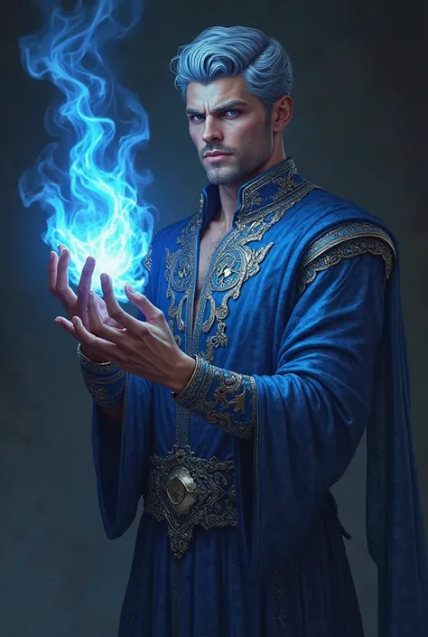 Realistic digital illustration of the god Hades, handsome, with short hair in shades of blue and blue eyes. Elegant dress in shades of blue with silver ornaments. Creating blue fire with one hand