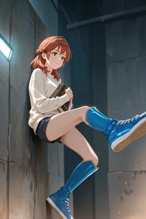 Adult anime girl with a lot of legs, short copper hair, dark skin, brown eyes with blue skate protectors wearing a white sweater and jumping high up a wall with the bible in her hand.  