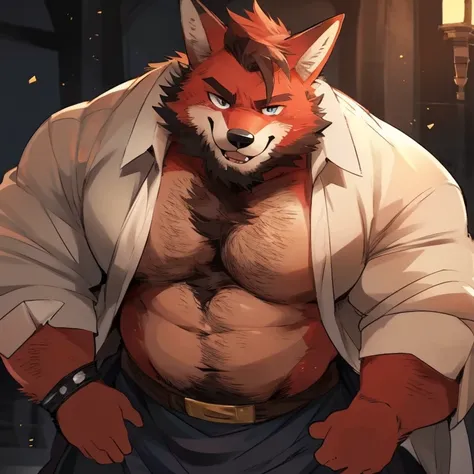 fox, furry, red fur, handsome, very muscular, very big, extremely hot and sexy, beard, hair, chest hair, charming eyes, solo, male, happy expression, daddy, full body, big body, black medieval clothes, middle aged, by hyaku, by darkgem, by glitter trap boy