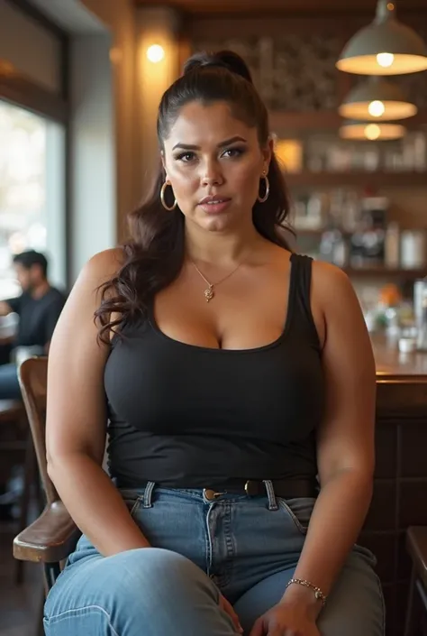 In a cafe, front angle view, a massive ass pawg voluptous plus sized 25-year old white waitress sitting on a chair, looking up at viewer (eyes openned), dark brown slickback ponytail, slight face wrinkles, hoop earings, realistic tongue, wide body, large s...