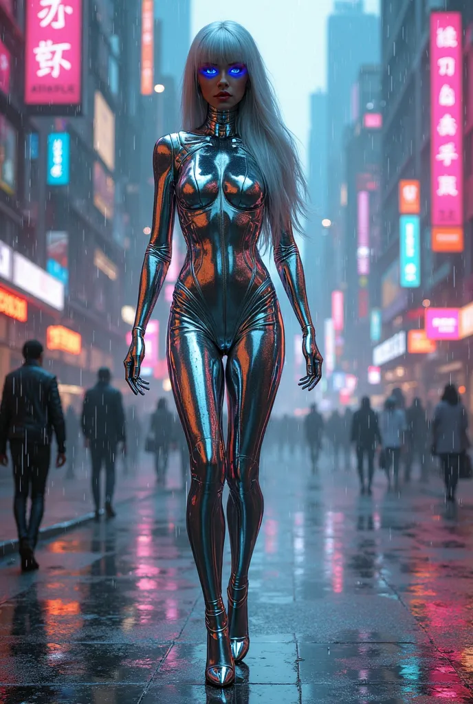 A stunning, otherworldly woman made entirely of polished chrome, standing in the heart of a neon-drenched cyberpunk metropolis. Her reflective metallic skin captures the vibrant glow of holographic billboards and flickering neon signs, mirroring the electr...