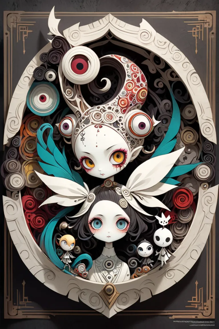 (masterpiece、Highest quality)、Super Detail、 HIGHEST DETAILS 、 Tim Burton Style、Homunculus Girl、layered sculpture 、body horror、Avant-garde、concept art、Mysterious and beautiful、Fantasy、 art deco 、Layered Cut Art、stylish、stylish、Shikigami、Onmyoji、Mandala