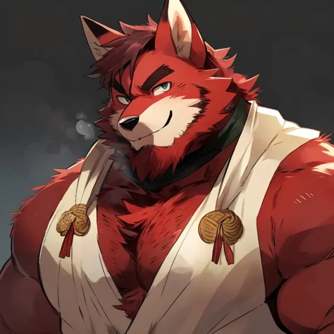 fox, furry, red fur, handsome, very muscular, very big, extremely hot and sexy, beard, hair, chest hair, charming eyes, solo, male, happy expression, daddy, full body, big body, black medieval clothes, middle aged, by hyaku, by darkgem, by glitter trap boy