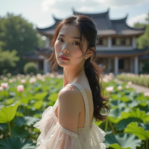 Champs de lotus d'un côtés, Champs de Cerisiers de l'autre côté d'une fine route menant an une grande maison chinoise médiévale, une femme asiatique sexy de 24 ans en vêtements amples transparent laissant entrevoir sa peau, debout regardant l'utilisateur a...