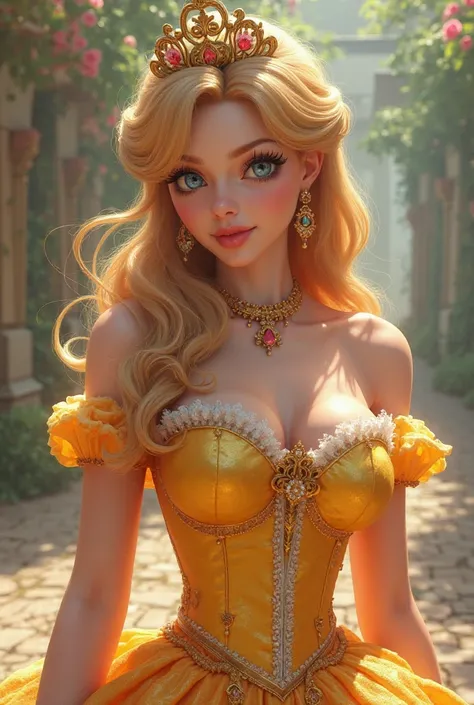 Creer princesse daisy dans mario en realiste humaine avec un corps sexy dans une magnifique robe de princesse elegante