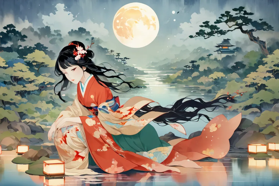 Princess Kaguya、very long hair with underarm hair、Fantastic Moon、 Ukiyo-e、