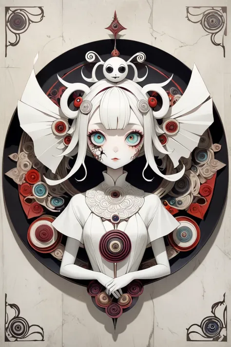 (masterpiece、Highest quality)、Super Detail、 HIGHEST DETAILS 、 Tim Burton Style、Homunculus Girl、layered sculpture 、body horror、Avant-garde、concept art、Mysterious and beautiful、Fantasy、 art deco 、Layered Cut Art、stylish、stylish、Shikigami、Onmyoji、Mandala