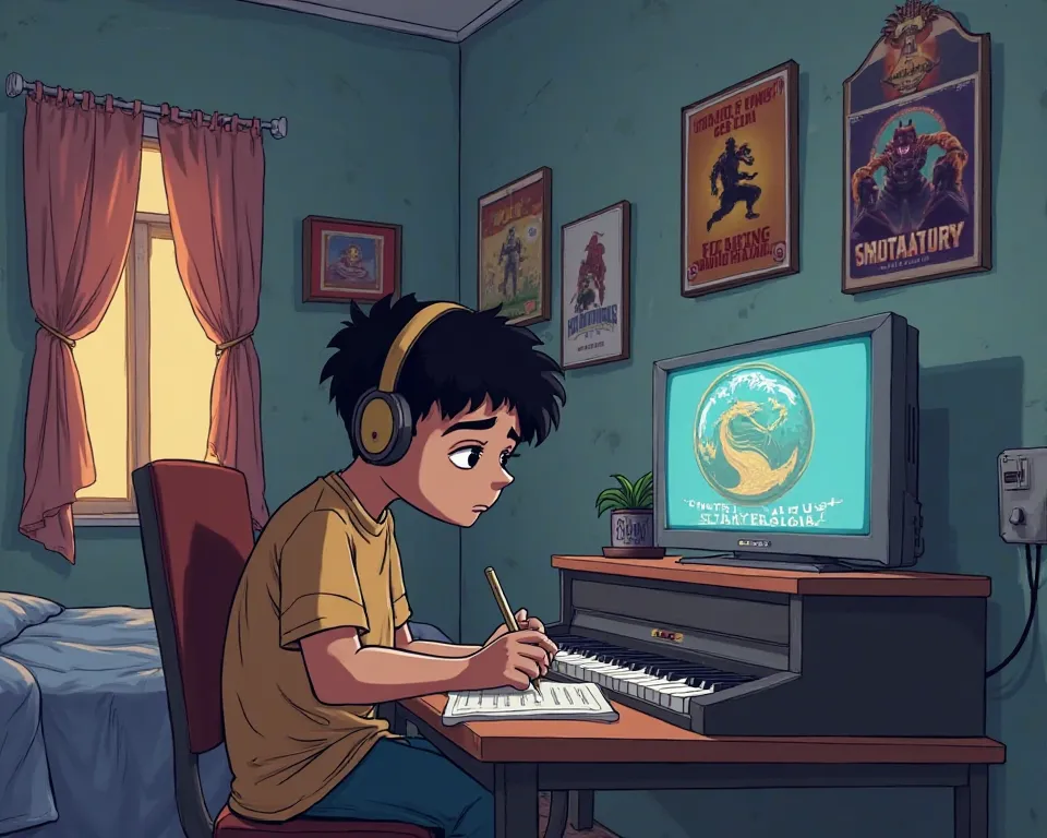 Create a lofi animation featuring a boy sitting at his desk. He has just finished playing a video game and looks frustrated. He then puts on his headphones and starts composing a song. While writing with one hand, he plays some keys on the piano next to hi...