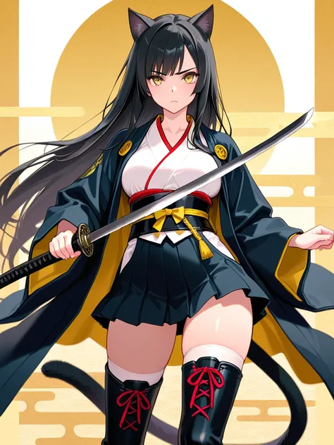 8k,masterpiece, best quality, ultra detailed, high resolution, super fine illustration, 1girl, solo,yellow eyes, black hair, long hair,cat ears, cat tail, medium breasts, samurai, Japanese clothes, kimono, miniskirt, thighhighs, boots, holding Japanese swo...