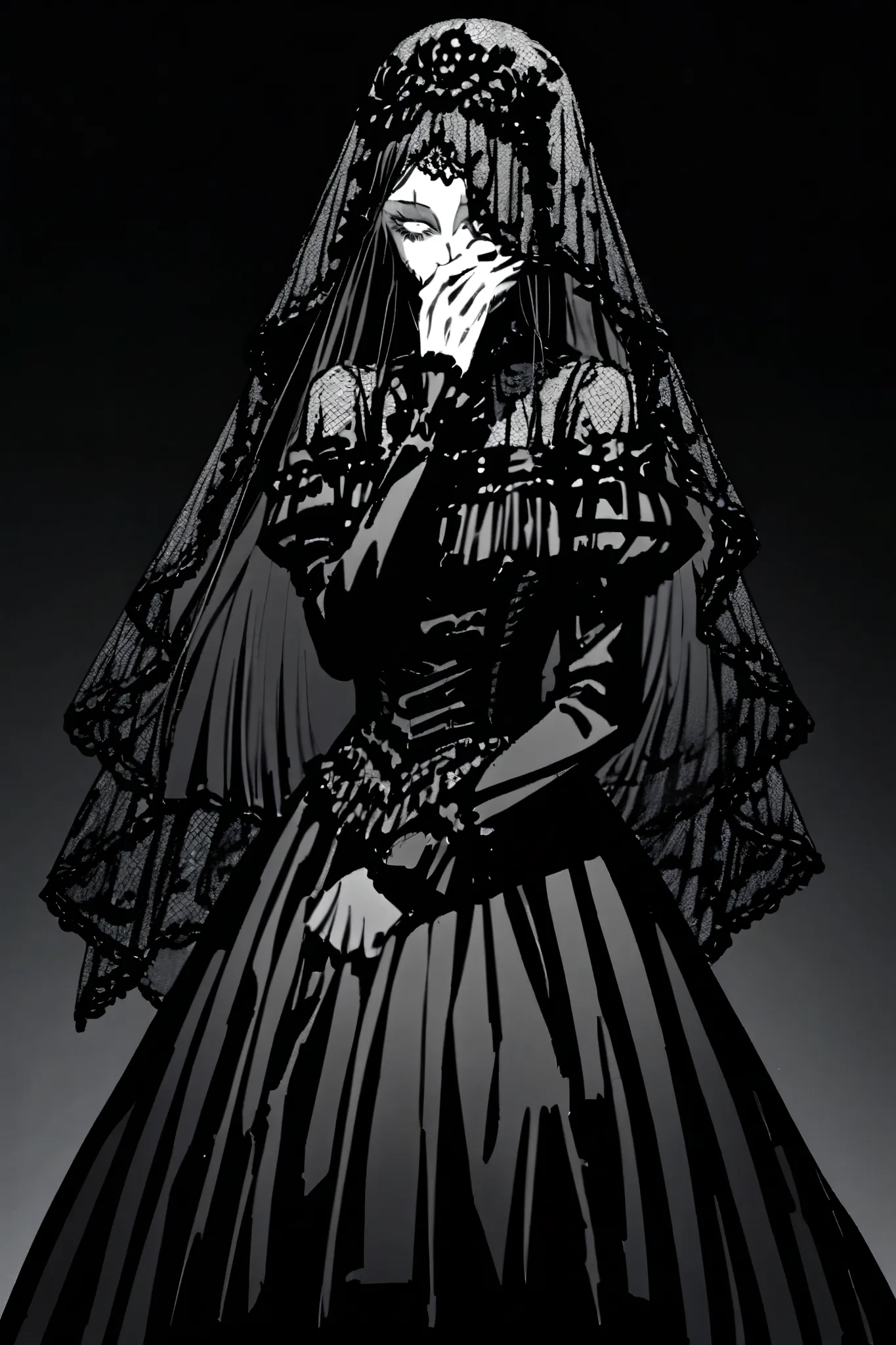 appearance:

A woman with a thin build and pale skin, always dressed in black with a luxurious Victorian mourning dress. His hair is long and dark, always collected, and wears a lace veil that partially covers her face. his eyes, empty and dull, reflect th...