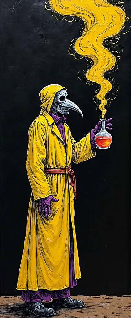 Black background with doctor wearing plague mask drawn in non-realistic style in yellow, black and with purple details. The doctor is drawn only from the waist up and holds a potion that emits smoke that spreads laterally across the stage in a dramatic way...