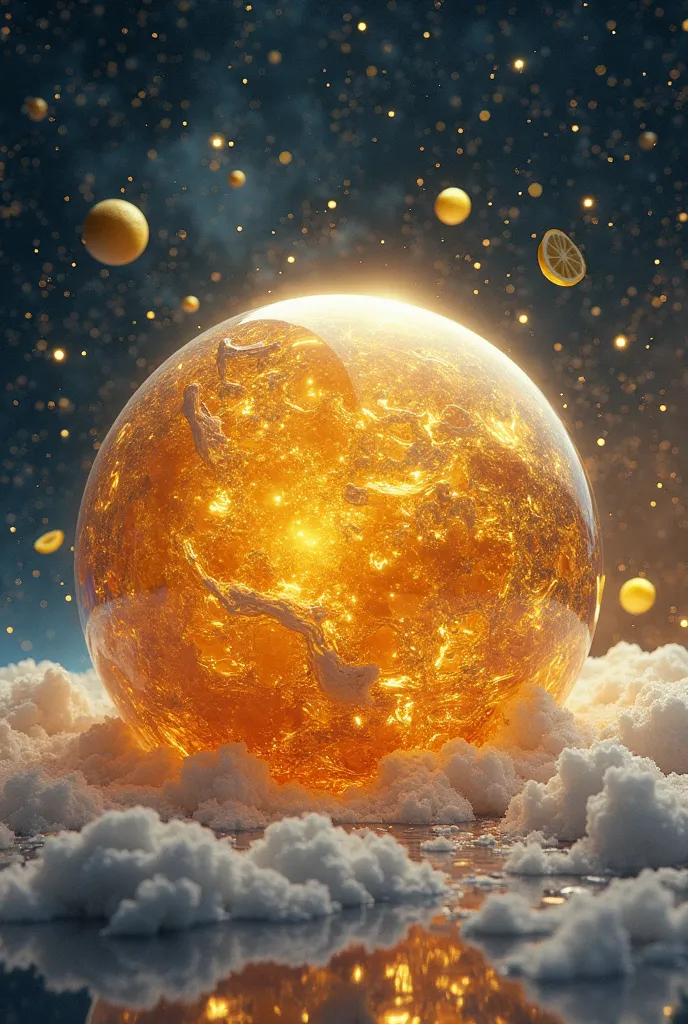  In the vast universe , a translucent golden planet shines brightly, formed completely of aged and crystalline tequila. Its liquid surface is agitated with soft swirls, reflecting vibrant lights like a moving cosmic cocktail. Rivers of fermented agave cros...