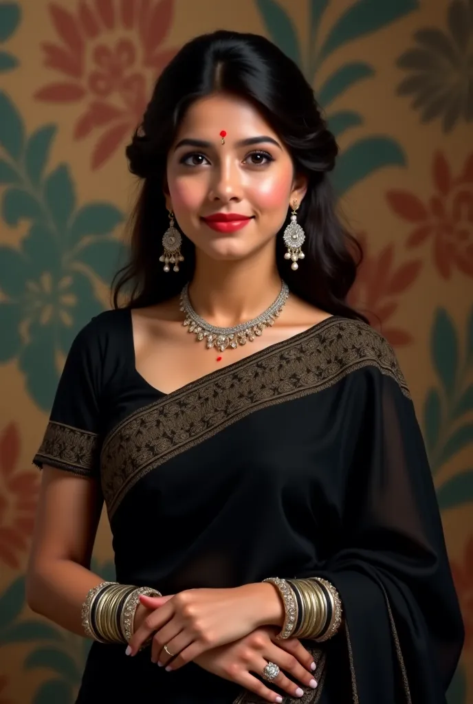 Indian 24 years cute women wearing a black indian saree with bangles and earrings, in background wall asthetic wallpaper 