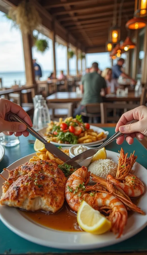 "A hyper-realistic first-person perspective (POV) image of a person eating at a popular seafood restaurant. Hands are visible in the foreground, holding a metal knife and fork, about to cut into a succulent grilled fish fillet, perfectly browned on the out...