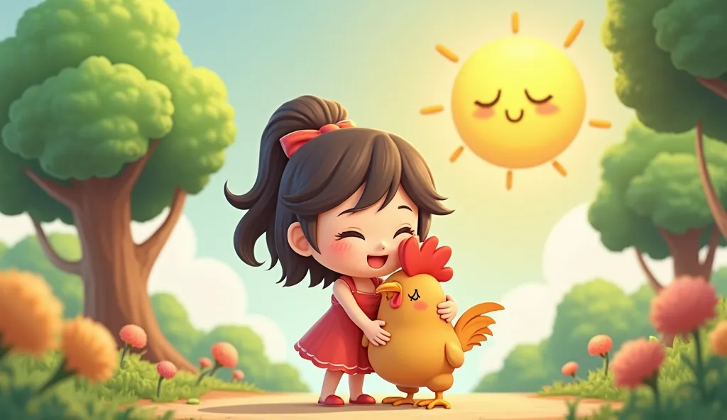 1  girl in a sleeveless dress hugs a funny cock,  the scene has the sun smiling, there is a green tree,  style cartoon chibi 3d