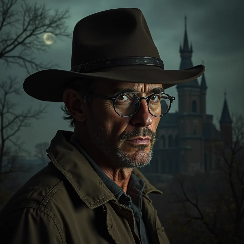 Male look similar Robert De Niro with glasses wearing safari jacket and Indiana jones style hat, Cowboy Shot
 , ruined castle inspired from resident evil 4 in atmosphere of silent hill background in night , Nervous,