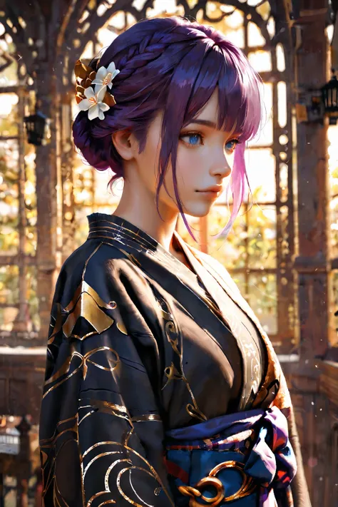 detailed dione from the game genshin impact, , a beautiful girl with long purple hair, with blue eyes and a sweet expression, standing in a beautiful natural scene, Realistic, photorealistic quality, 8k, High detail, careful study,  professional color corr...