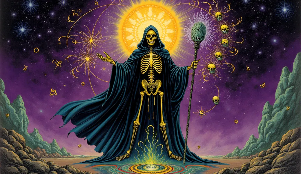 a dark runic skeleton lich,  black gold skeleton , Magical Void Energy,  glowing eyes, holding a long staff with both hands ,  casting a spell,  energy by cracking ,  dressed in a luxurious cape ,  Astral skulls floating around ,  earth and rock floating w...