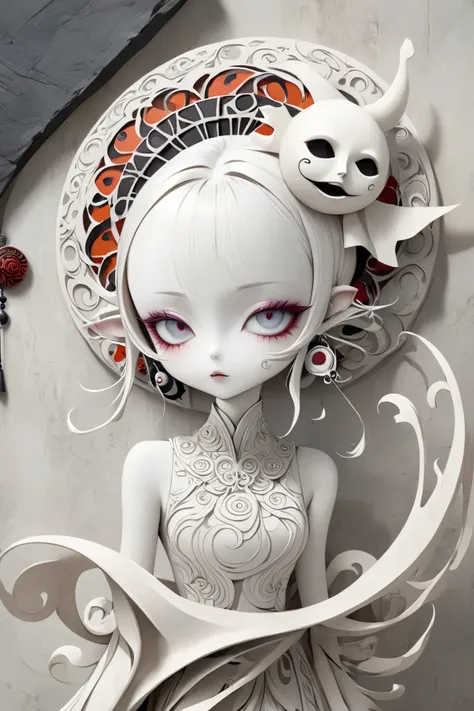 (masterpiece、Highest quality)、Super Detail、 HIGHEST DETAILS 、 Tim Burton Style、Homunculus Girl、layered sculpture 、body horror、Avant-garde、concept art、Mysterious and beautiful、Fantasy、 art deco 、Layered Cut Art、stylish、stylish、Shikigami、Onmyoji、Mandala