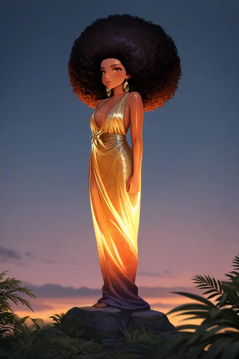 a lean young black male with an afro, caramel skin, and hazel eyes, standing in a richly detailed tropical landscape with lush foliage, cascading waterfalls, and a vibrant sunset sky, 8K, hyper-realistic, cinematic lighting, masterpiece, award-winning phot...