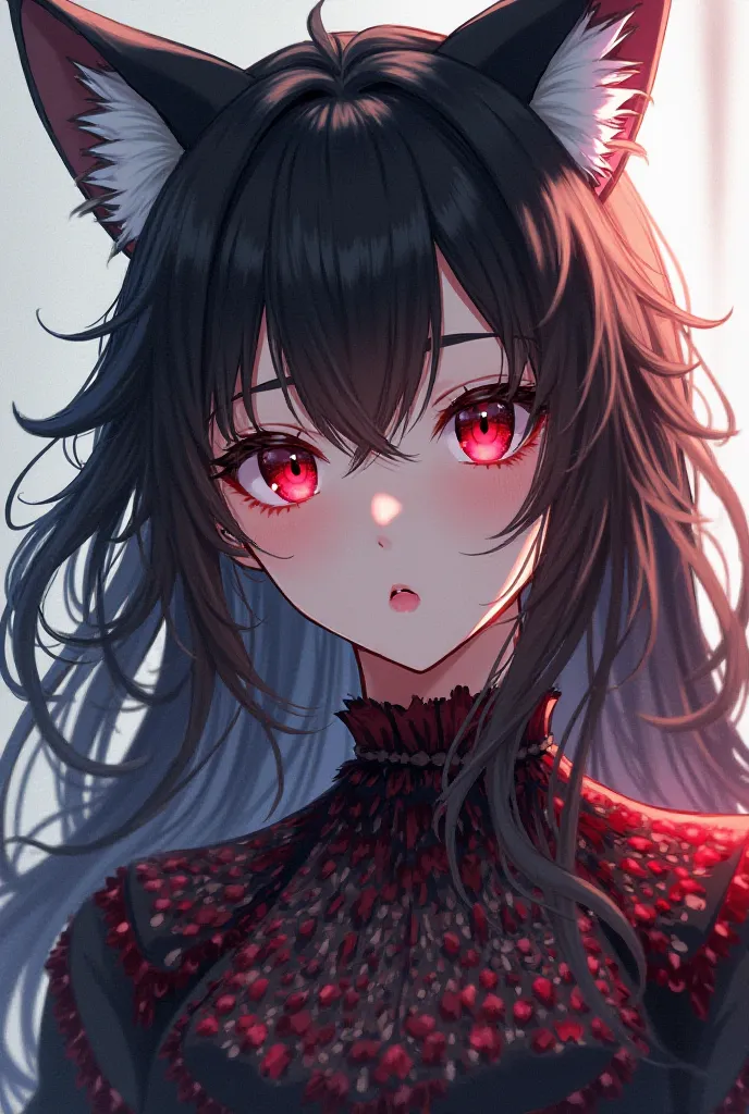 Hairy girl red blue eyes and black wolf ears and pretty black and red blouse anime 