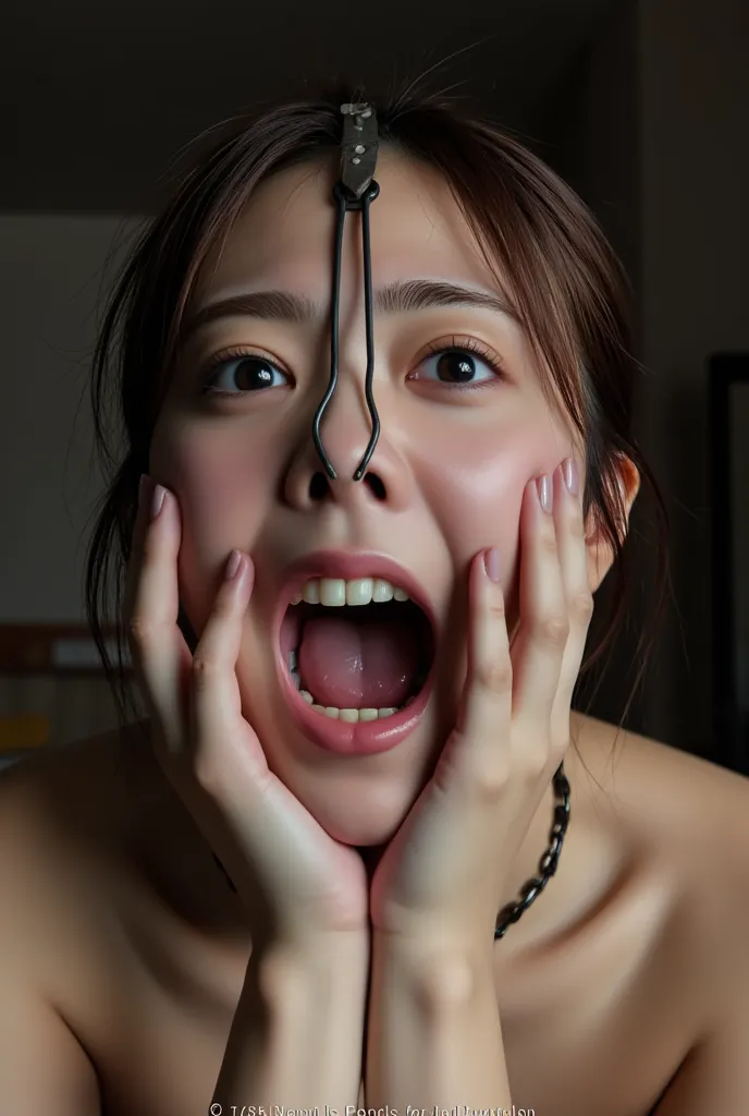 Tamura_Hono has her mouth wide open so that we can see inside, cheeks extended, hands slightly in cheeks, traces of saliva, teary eyes, (nose hook with strap around top of head, metal collar: 1.2), realistic nostrils, angled from below, completely naked.16...