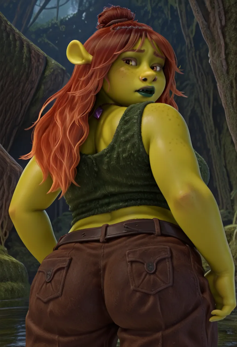 felicia_shrk5, 1girl, female ogre, green skin, red hair (long hair, single hair bun), shrek ears, amber eyes, nose piercing, freckles, green lipstick, buckteeth, purple crystal necklace, dark green sleeveless top (moss), pocket belt, short brown pants, chu...