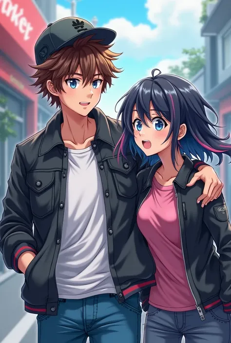 30-year-old anime boy with brown jacket and white shirt and jeans and black hair and blue highlights and blue eyes and with a cap and with a girl with black hair and pink highlights and blue eyes and with a black jacket and pink shirt 