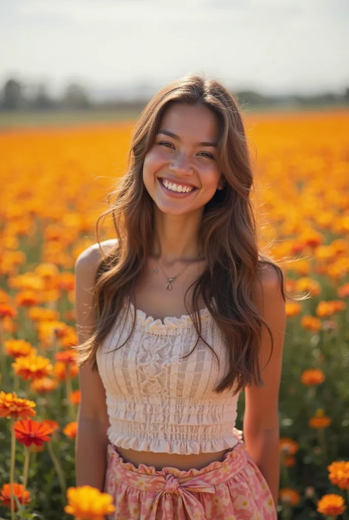 "A cheerful  with a bright smile, standing in a vibrant flower field. The image is designed for a profile picture, with soft natural lighting highlighting her joyful expression. The background is filled with colorful flowers, creating a warm, welcoming, an...