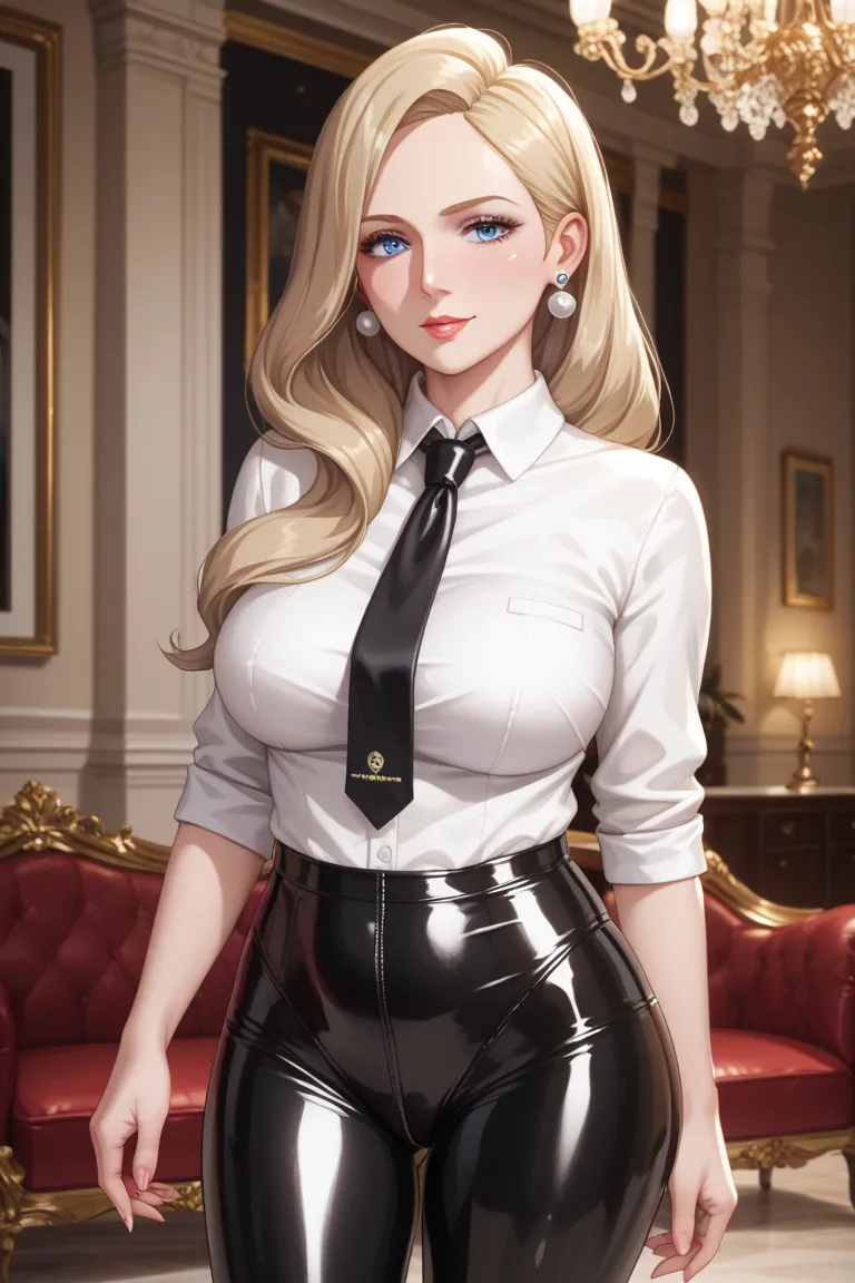 Woman , blonde long, blue eyes, white shirt , black tie , black latex leggings shiny , looking sexy , mature ,crime scene vibe , dark vibe  , in a Mercedes luxury 