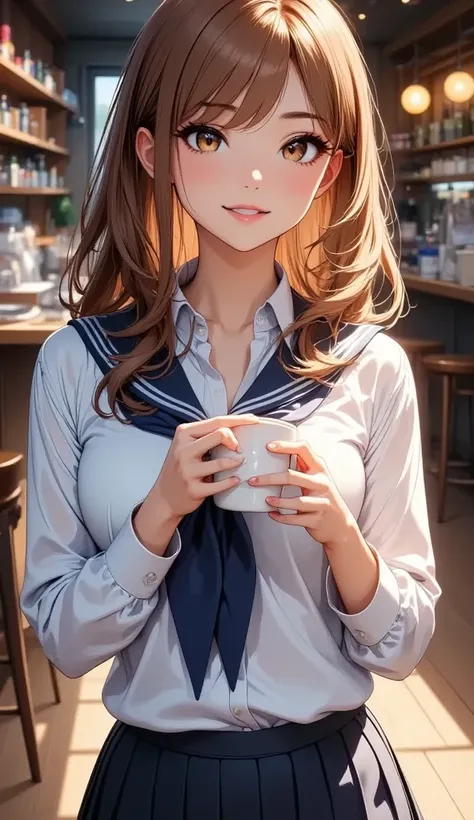  woman drinking coffee、、 uniform、JK、miniskirt、  Open Chest Design  、、Sit in a group 、Cafe、