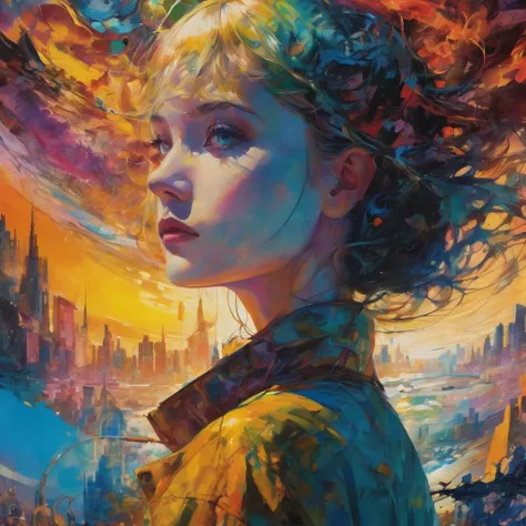 Highest quality、a highly detailed and intricate oil depicting an imaginative and surreal interpretation of the world, Get inspired by Bill Sienkiewicz's unique artistic style, Vivid and striking colors, Beautifully rendered textures and patterns, A sense o...