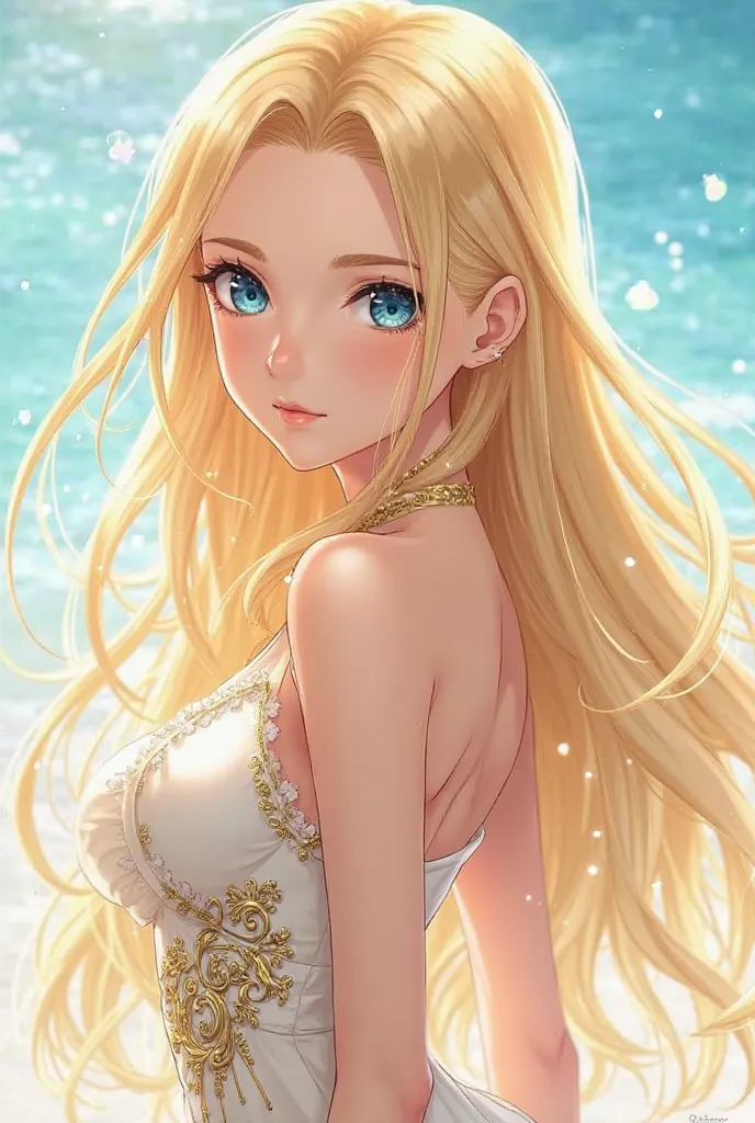 She is a stunning anime girl with long, flowing golden blonde hair that shines under the sunlight. Her eyes are a mesmerizing shade of deep blue, resembling the vast ocean. She has a delicate and elegant face, with smooth, fair skin that glows softly. Her ...