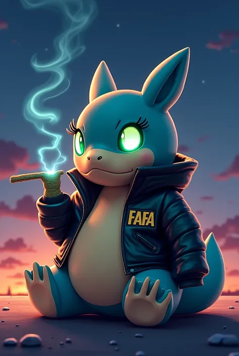 An girly Snorlax With glowing Green eyes, wearing an leather jacket with the name FAFA printed on the leather jacket, In michigan ohio, Smoking a joint, sitting on an Daimond golden bed on the roof, with an beautiful night sky, Anime, 3D, Pokemon, Snorlax,...