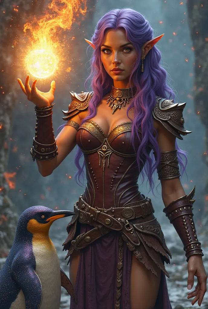  1woman, elf, leather armor, brown skin, purple hair, fireball in hand, penguin covered in stars 