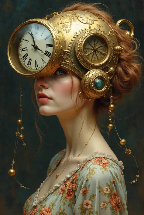 peinture d'une femme coiffée d'un casque regardant une horloge, style of don de Giancola, inspired in don de Giancola, artgerm julie bell beeple, Art Nouveau hyperréaliste, hyperdétaillé | don de Giancola, est inspiré par Donato Giancola, Greg Beeple, réal...